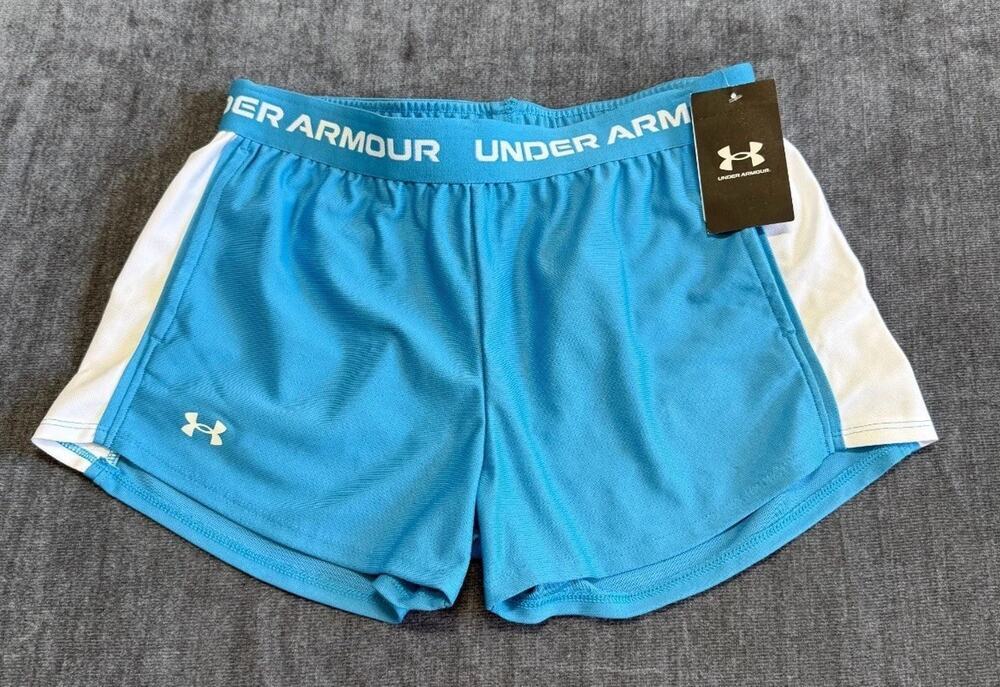 NWT Under Armour Tech Play Up Shorts Girls Ether Blue Drawstring 100% Polyester